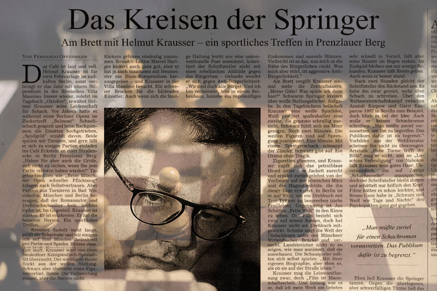 Reportage über ein Blitzmatch mit Helmut Krausser, Feb. 1999 in der Literarischen Welt